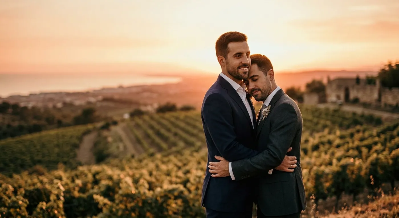 Sergi y Xevi se abrazan al atardecer sobre los viñedos, fotografiados por un invitado